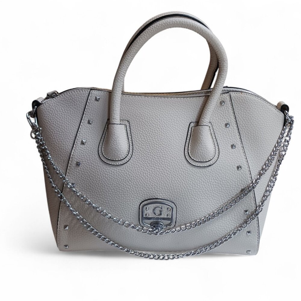 GUESS Garland Ivory Faux Pebbled Leather Tote Bag β Leopard Lining, Silver Chain